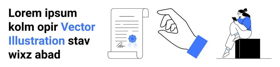 Person reading on a mobile device while sitting on a box, a stylized hand ges Stock Illustration