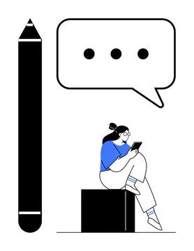 Person reading tablet next to oversized pencil and speech bubble with ellipsi Stock Illustration