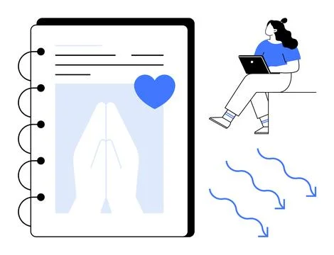 Person reading a tablet, notebook with blue heart and praying hands on left,  Stock Illustration