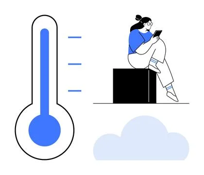 Person reading on tablet while seated on block, large thermometer, cloud grap 스톡 일러스트