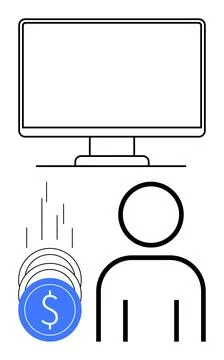 Person receiving funds from computer screen suggesting digital payment and .. Stock Illustration