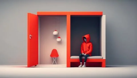 A person in a red jacket sitting in a red room with a red door and a red la.. Ilustración de archivo