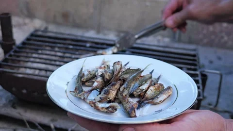 Person removing grilled small fish from barbecue grill Stock Footage 337066935