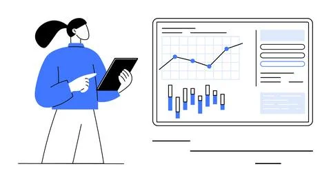 Person reviewing data on tablet with large screen displaying interactive grap Stock Illustration