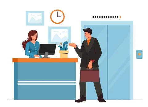 Person rides elevator. Man in suit with briefcase at reception in business Stock Illustration