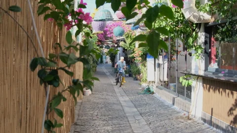 Person riding a bicycle down a charming, narrow cobblestone alley Stock Footage 344655804