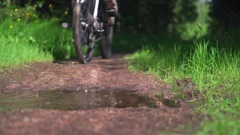 Person riding bicycle through puddle on forest path - low angle view Stock Footage 341033480