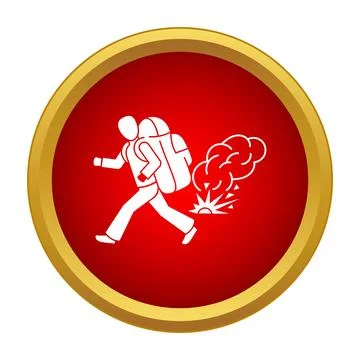 Person running from explosion icon on red button Stock Illustration