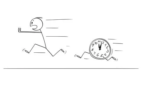 Person Running From Time Clock or Deadline, Vector Cartoon Stick