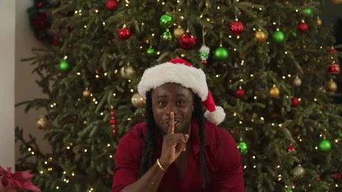 Person in a Santa hat waves and smiles next to a decorated Christmas tree. Stock Footage 341022069