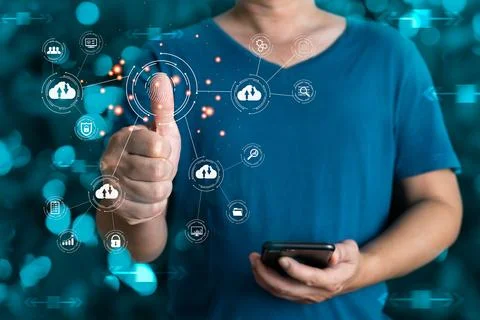 Person scan thumbs to access secure data. new technology bigdata and busine.. Stock Photos