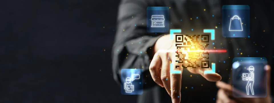 A person scanning a digital QR code with icons of online shopping, store, a.. Stock Photos