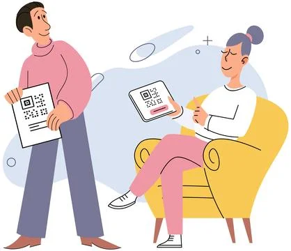 Person scans qr code in store. Woman shows QR barcode, man with tablet pc scans Stock Illustration