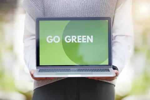 Person, screen or laptop of go green, sustainability or eco friendly Stock Photos
