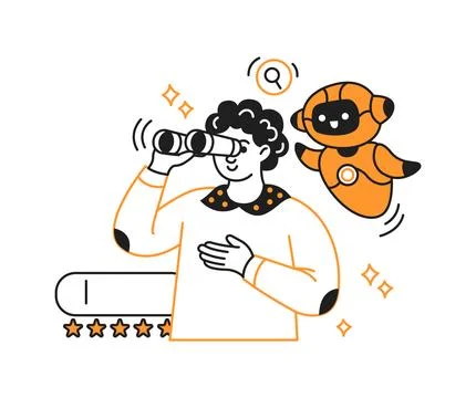 Person Searching with Binoculars and Robot Companion Stock Illustration