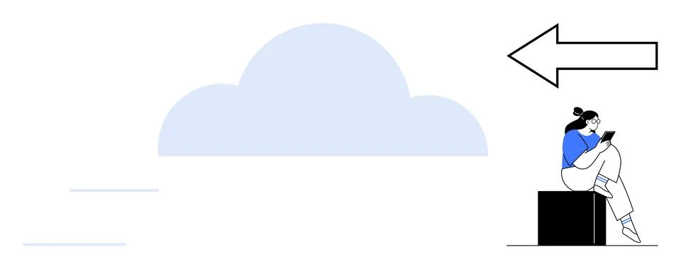Person seated on a box using a tablet, positioned next to a large cloud with  스톡 일러스트