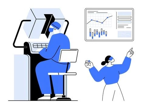 Person seated at computer examining data while a colleague presents informati Stock Illustration