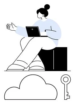 Person seated with laptop gesturing while icons of a cloud and security key a Stock Illustration