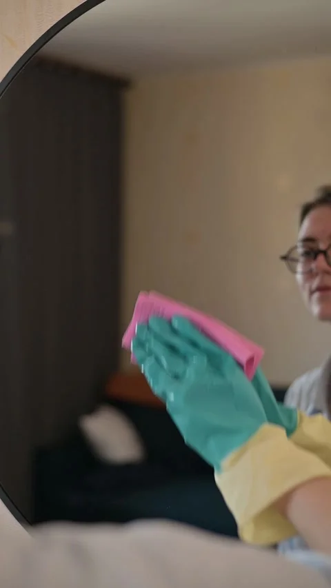 A person is seen cleaning a room while wearing gloves and holding a cloth. The Stock Footage 337556248