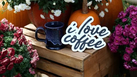 Person Sets down the words I Love Coffee on crate surrounded by Pumpkins and Video stock 323180790