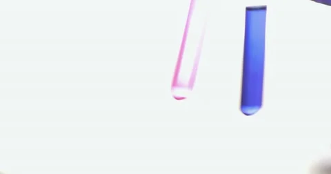 A person shaking two test tubes in a lab, one red and one blue Stock Footage 48982662
