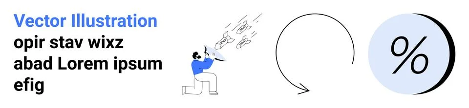 Person shouting into megaphone, circular refresh arrow, and large percentage  Stock Illustration