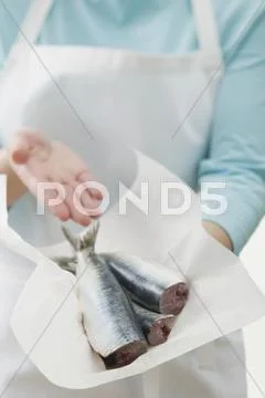 Person showing freshly cleaned anchovies Stock Photos