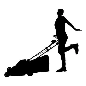 Person in silhouette having fun while pushing a lawnmower, demonstrating en.. Stock Illustration