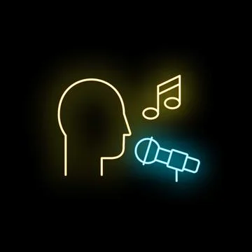 Person singing into microphone with music notes neon Stock Illustration