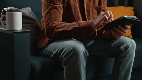 A person sits on a couch, using a tablet. The individual is focused on the Stock Footage 339097626