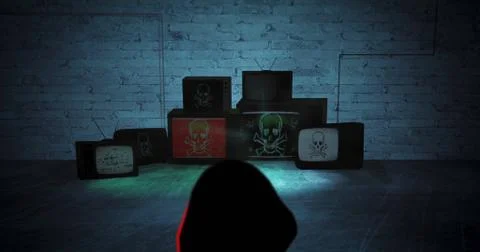 Person sits in front of old TV sets with virus skull in a dark room Illustrazione stock