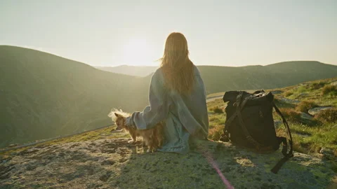 Person sits on a rock next to a small dog during sunset at a mountain landscape Stock Footage 345630522