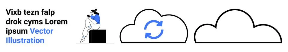 Person sitting and using smartphone near two clouds and placeholder text. Ide Stock Illustration