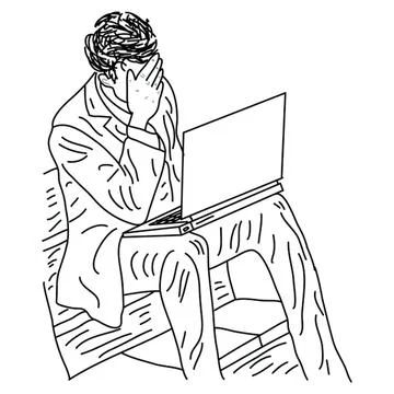 Person sitting on bench using laptop with face in hand Stock Illustration