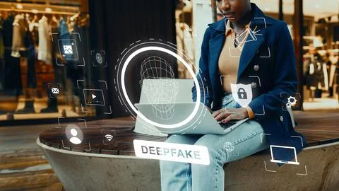 Person sitting on a bench using a laptop while digital elements show deep fake Stock Photos