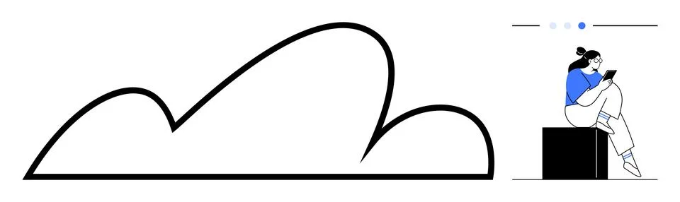 Person Sitting on Black Cube Using a Tablet with Minimalist Cloud Drawing 库存插图