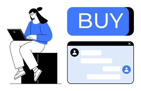 Person sitting on a block using a laptop. Buy button in blue, chat window wit Stockillustratie