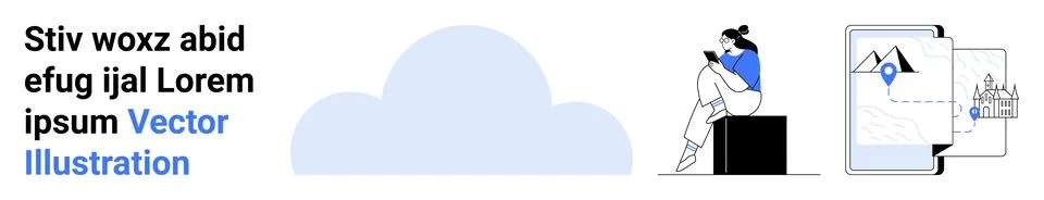Person sitting on a block using a mobile device, a large cloud in the backgro Stock Illustration