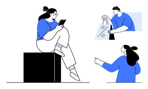 Person sitting on a block using a tablet, individual carrying shopping bags,  Stock Illustration