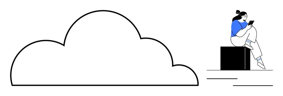 Person sitting on a block using a tablet with a large cloud outline beside th Stock Illustration