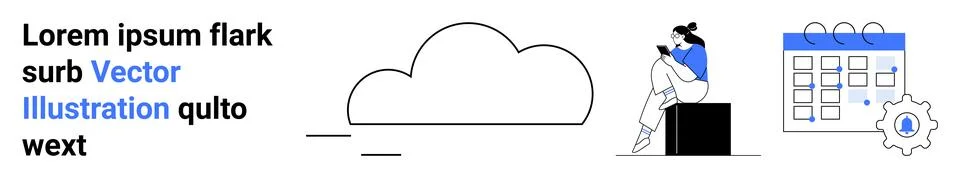Person Sitting on Box, Cloud Shape, and Calendar Icon with Gear Showing Pro.. Stock Illustration