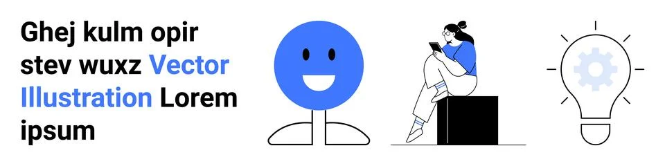 Person sitting on a box using a tablet, next to a smiling face icon and light Stockillustratie