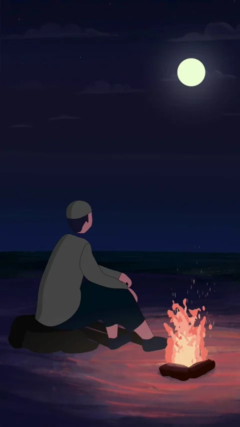Person Sitting by a Campfire Under a Full Moon Night Sky Stock Footage 302226927