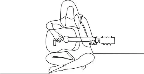 A person sitting cross-legged while playing an acoustic guitar in a relaxed.. Illustrazione stock