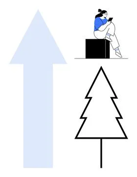 Person Sitting on Cube Reading, Adjacent Arrow Pointing Upwards, and Outlin.. Stock Illustration