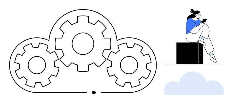 Person sitting on cube using tablet. Three interconnected gears within cloud  Stock Illustration