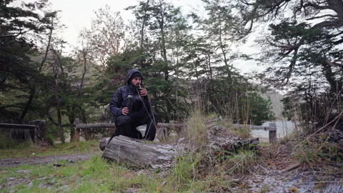 Person sitting on fallen tree trunk in forest campsite area and drinking mate. Stock Footage 312815115