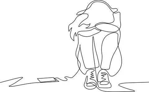 A person sitting on the floor while using a laptop and looking thoughtful. .. Illustrazione stock
