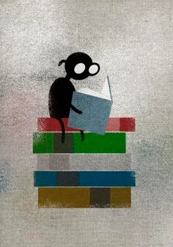 Person sitting on stack reading book Stock Illustration