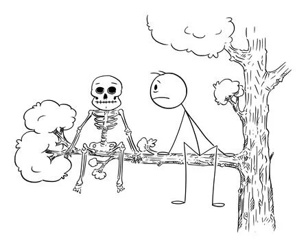 Person Sitting on Tree Watching Skeleton Beside , Vector Cartoon Stick Figure Illustrazione stock